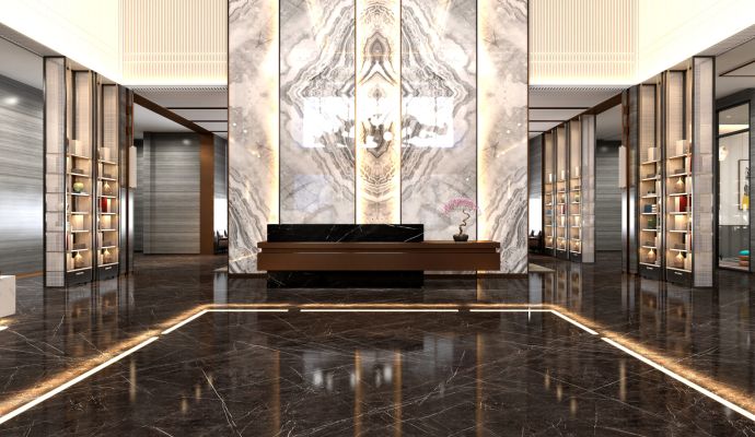 Rendering 3D della hall della reception di un hotel di lusso